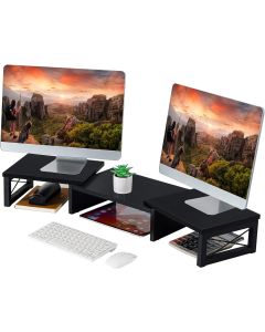 Giikin Dual Monitor Stand Riser- Office Desktop Organizer Stands for 2 Monitors Length and Angle Adjustable 3 Shelf, Multifunctional Stand fit Computer, Laptop, PC, TV (Black)